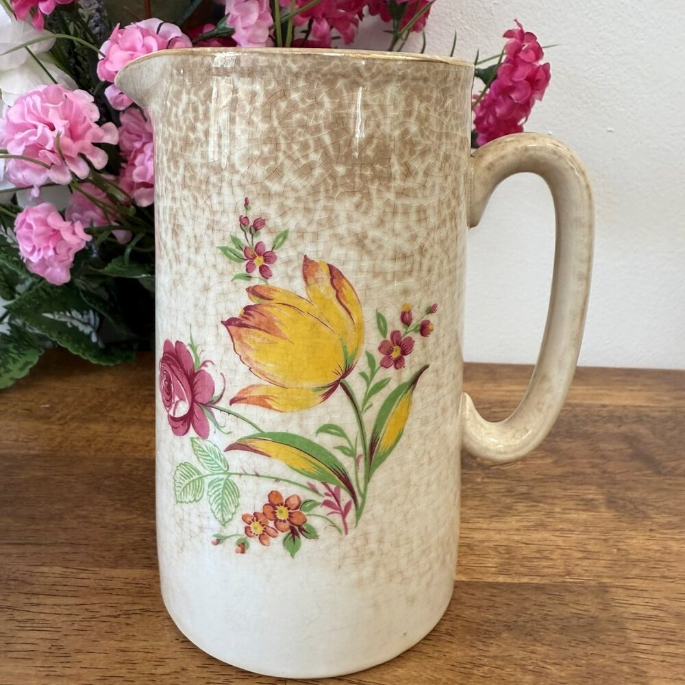 BCM Nelson Ware England Floral Pitcher Vintage Pottery Crackle Glaze Jug Farm